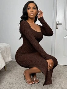 SHEIN Glamour 女式纯色方领开衩至大腿修身长袖连衣裙女式长裙 - 咖啡棕 - 查看 5