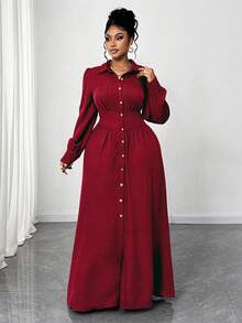 Maweii Robe chemise décontractée pour femmes grandes tailles, couleur unie, manches longues, simple boutonnage, taille cintrée - Rouge foncé - Voir 5