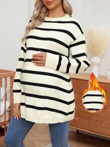 SHEIN 孕妇宽松 A 字形条纹撞色设计长袖针织套头衫，秋冬 - 黑與白 - 查看 1
