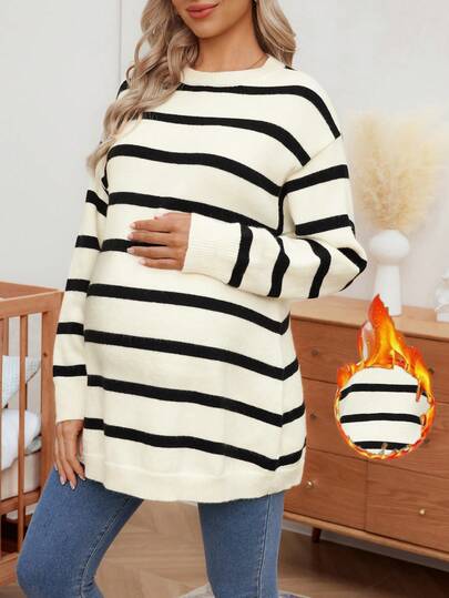 SHEIN 孕妇宽松 A 字形条纹撞色设计长袖针织套头衫，秋冬