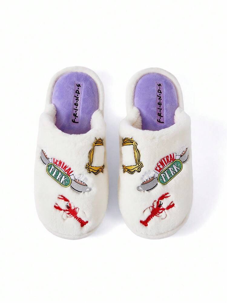 FRIENDS X SHEIN Pantofole da casa da donna per autunno/inverno con ricamo di aragosta e lettera - Bianco - Visualizzare 5
