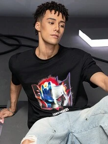 Transformers X SHEIN 男士休闲卡通图案圆领短袖T恤，夏季 - 黑色 - 查看 5