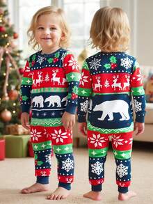 SHEIN Babygirl Cute Christmas Knitted Cartoon Pattern Long-Sleeved Home Clothes Set,Red And White Stripe,Autumn,Lounge Snug Fit Elk Snowflakes Polar Bears - Multicolor - View 1