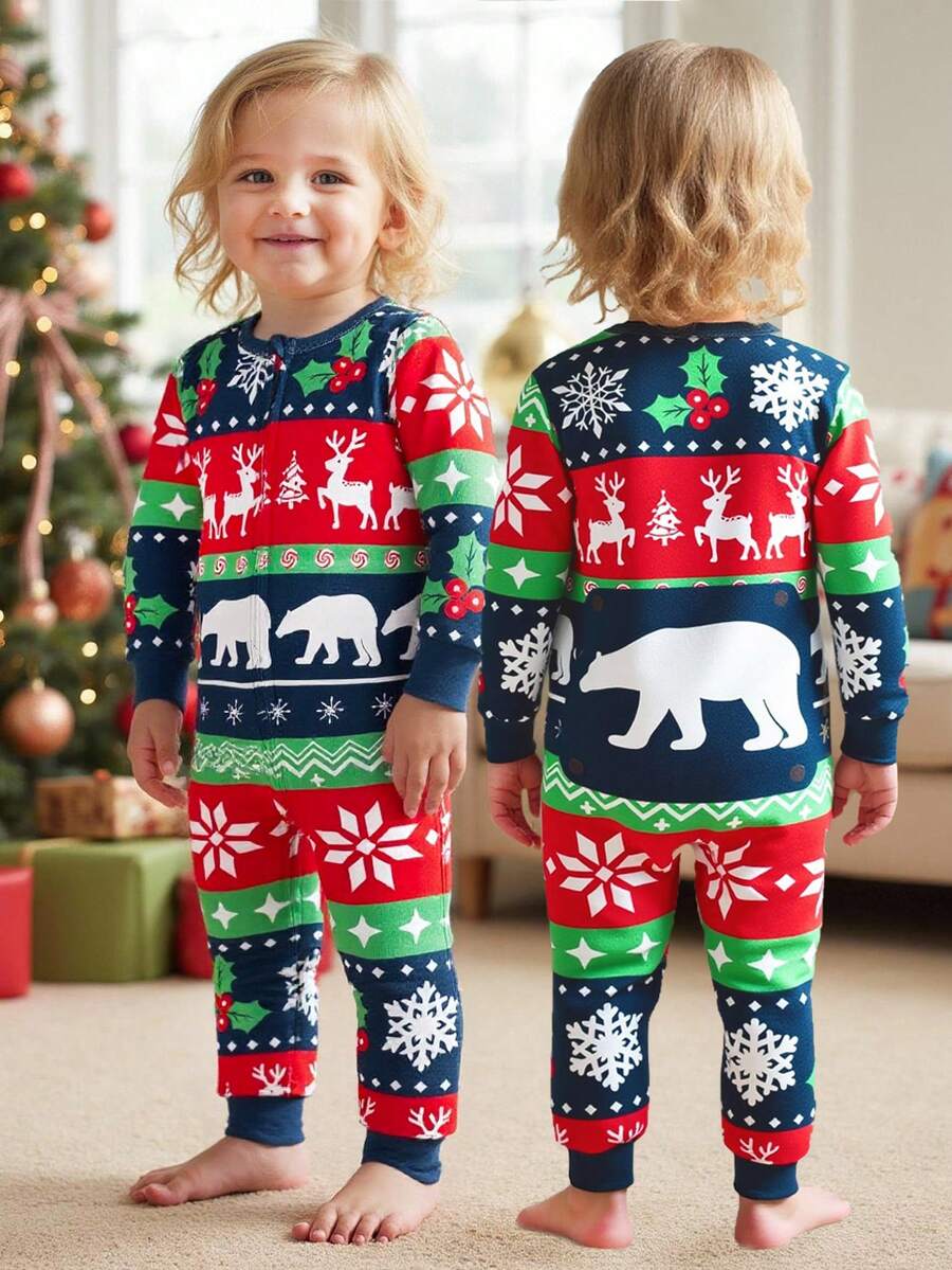 SHEIN Babygirl Cute Christmas Knitted Cartoon Pattern Long-Sleeved Home Clothes Set,Red And White Stripe,Autumn,Lounge Snug Fit Elk Snowflakes Polar Bears - Multicolor - View 1