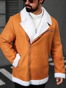 Manfinity Homme Men's Lapel NeckLong Sleeve Zip-Up Casual Jacket, Thermal Lined, Autumn/Winter - Khaki - View 4