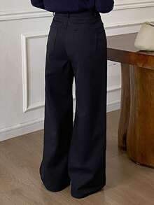 DAZY 纯色保暖宽松喇叭裤，女士休闲街头风，秋冬保暖款 - 藏蓝色 - 查看 2