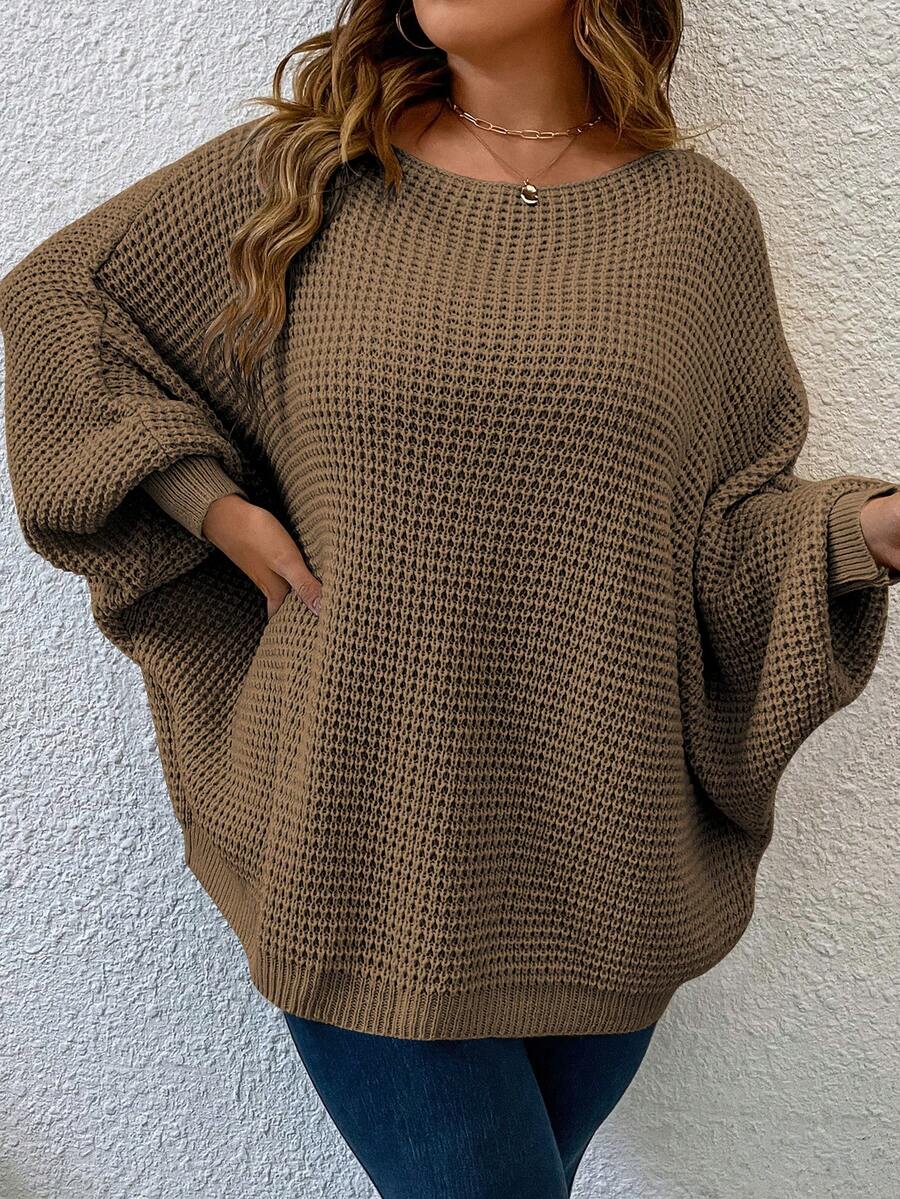 SHEIN LUNE Plus Size Women Batwing Sleeve Crew Neck Loose Pullover Solid Color Sweater, Autumn/Winter - Khaki - View 1