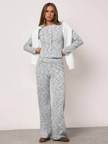 SHEIN BAE Autumn Casual Lounge Wide-Leg Pants For Women,Black And White Checkered Striped Apricot Pants,Winter Turn-Up Hem Christmas Thanksgiving Chic Clothes - White - View 1