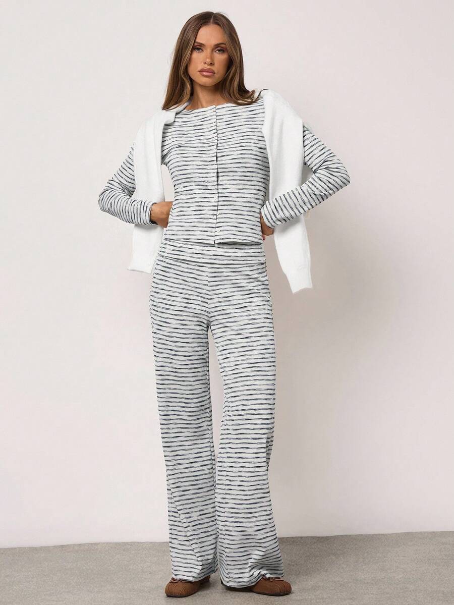 SHEIN BAE Autumn Casual Lounge Wide-Leg Pants For Women,Black And White Checkered Striped Apricot Pants,Winter Turn-Up Hem Christmas Thanksgiving Chic Clothes - White - View 1