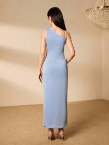 青少年长礼服，闪亮的银线和金线，奢华派对礼服，浅蓝色庆祝服装 - 藍色 - 查看 2