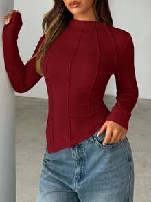 Siren Gaze Women's Round Neck Long Sleeve T-Shirt Christmas Winter New Year Red Burgundy Casual Spring Valentine's Day - Burgundy - View 4