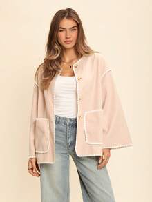 Coeurva Veste décontractée à boutons à devant et poches avec bordure de couleur contrastante pour femmes, manches longues chaude pour l'automne et l'hiver - Multicolore - Voir 4