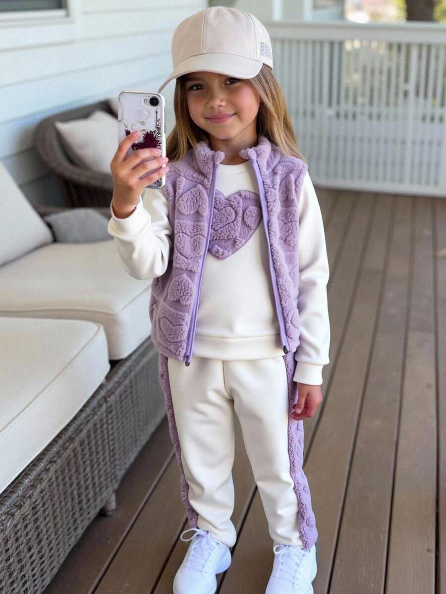 3pcs/Set Toddler Girls Winter Outfit,Heart Embroidery Ribbed Sweatshirt,Furry Trim Sweatpants,Zip-Up Plush Vest,School,Back-To-School,Winter Clothes - Multicolor - View 1