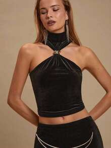 SHEIN Glamour A Sexy Black Velvet Ensemble Featuring A Backless Top Adorned With Irregularly Shaped Decorative Rings, Paired With Trousers Featuring Long Copper Flat-Pressed Chains Combined With Lobster Clasps. Women's Clothing Sets, Sexy Party Dresses, Festive Clothing Sets, Carnival Attire, Cocktail Party Clothing Sets, Two Pieces Sets, Sexy And Alluring Girls, Women's Beachwear.