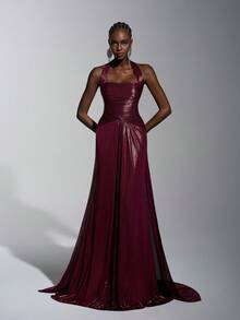 Elitara Elegant And Gorgeous Wine Red Fine Glitter Gold And Silver Thread Handmade Pleated Decoration Neck Suspenders Twisted Waist Decoration A-Line Belt Extra Long Piece Tail Suitable For Parties, Dates, Happy Holidays, Weddings, Formal Occasions Dinner Dress (Heavy Style) - Burgundy - View 4