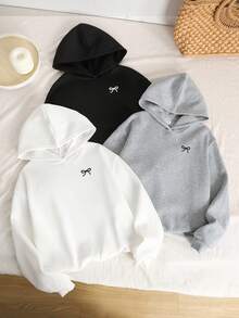 SHEIN 3 件套 Tween 女童休闲保暖内衬超大蝴蝶印花套头连帽衫，黑色、白色、浅花灰色秋冬女装 - 彩色 - 查看 7