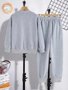 Tween Boys 黑色简约字母印花卫衣和裤子套装，休闲学院风，舒适百搭，柔软面料，适合日常穿着、上学、郊游、户外活动，四季皆宜 - 淺灰色 - 查看 2