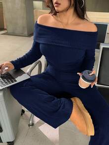 SHEIN EZwear Conjunto de 2 piezas de talla grande casual y de uso doméstico, minimalista, con hombros descubiertos y acanalado - Azul Marino - Ver 6