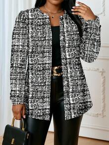 SHEIN Lady 大码女式优雅格子印花前开襟外套，适合婚礼宾客、教师冬季秋季穿着 - 彩色 - 查看 3