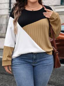 EMERY ROSE Plus Size Casual Contrast Color Round Neck Lantern Sleeve Sweatshirt, Autumn Plus Size Fall Clothes Winter - Multicolor - View 4