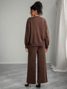 Momance 女士宽松针织套装，纯色上衣，前系带设计，秋冬开衫毛衣外套，纯色毛衣和裤子，孕妇毛衣套装 - 棕色 - 查看 2