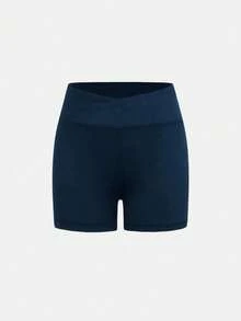 SHEIN Tween Girls Activewear Solid Color Casual Minimalist Criss-Cross Waist Shorts, High Elasticity Skinny Fit, 4-Way Stretch, Suitable For Cycling, Running, Training - Navy Blue - View 5