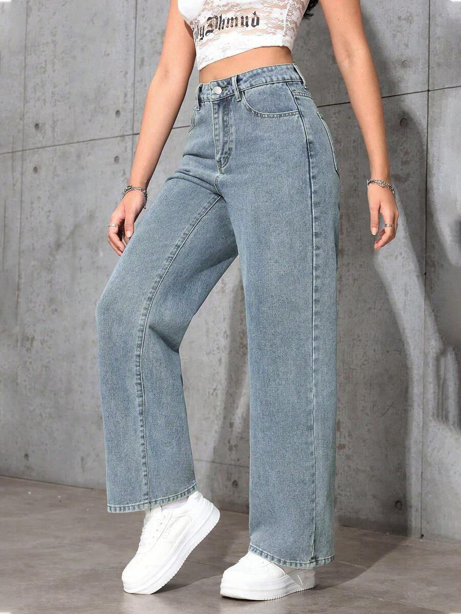 SHEIN PETITE 女款高腰口袋寬腿寬鬆休閒牛仔褲,適合嬌小女性 - 淺色水洗藍 - 查看 1