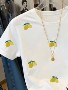 SHEIN Camiseta de manga corta casual de mujer con bordado de limón, para verano - Blanco - Ver 5