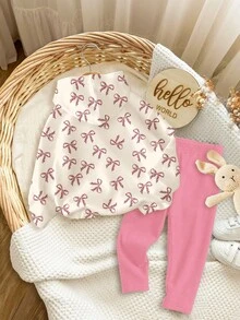 SHEIN 2 件套女婴奶油白色和奶油粉色可爱卡通猫，豹纹蝴蝶结印花保暖厚柔软连帽运动衫和紧身裤套装，适合秋冬日常、居家、度假、校园、舒适季节 - 彩色 - 查看 2