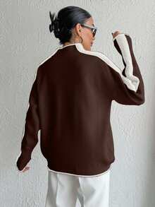 SHEIN Cottnline Casual Color Block Stand Collar Sweater, Autumn/Winter - Brown - View 2