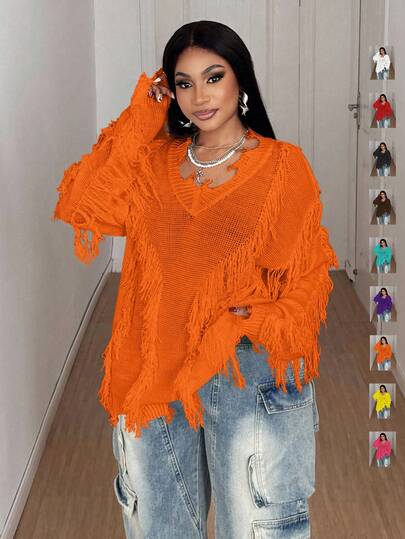  Maweii Plus Size Women's Y2k Solid Color V-Neck Tattered Long-Sleeved Sweater,Autumn,Solid Color, Orange,Red,  Design Sense, Loose And Casual, Christmas,Party,Halloween, Punk,  Women's Daily Commuting Top, Autumn , Spice Girl Knitted Sweater,Winter,Summer,Spring/Fall