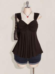 SHEIN ICON 大码女式黑色扭纹前部无袖娃娃装针织上衣，Y2K 风格，适合毕业/返校季，夏季可爱上衣 - 棕色 - 查看 8