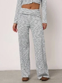 SHEIN BAE Autumn Casual Lounge Wide-Leg Pants For Women,Black And White Checkered Striped Apricot Pants,Winter Turn-Up Hem Christmas Thanksgiving Chic Clothes - White - View 7