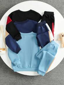 SHEIN Genkimix Kids 6 件套年轻男孩休闲运动学院街头时尚可爱大号字母三色运动衫 + 裤子，适合日常穿着、上学、外出、运动、春秋季 - 彩色 - 查看 2