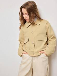 Tween Mädchen Jacke Einfarbig mit langen Ärmeln, Knopfleiste und Cargo-Tasche, Lässig Jacke für den Herbst - Khaki - Übersicht 5