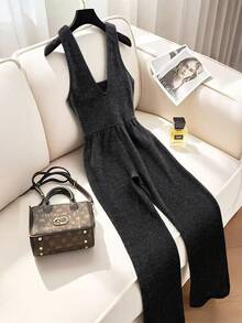 GlowEve 女士优雅金属双排扣吊带紧身连体裤，秋冬 - 黑色 - 查看 2