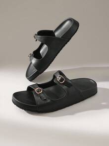 Solecia Sandalias planas casuales de slip-on negras para mujer - Negro - Ver 6