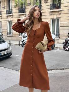 Chiquease Vestido de manga larga con abertura frontal de unicolor y estilo francés minimalista para mujer - Café - Ver 3