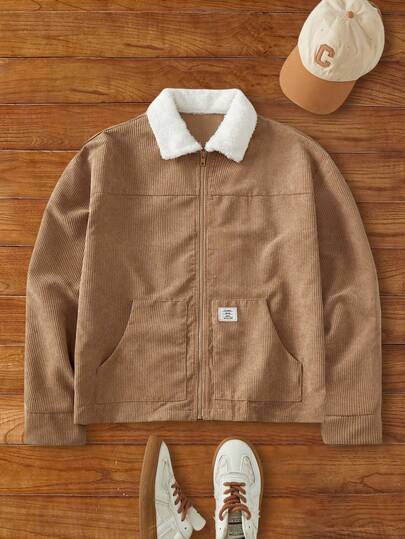 Manfinity NXTstreet Veste décontractée à col en polaire, manches longues, zippée avec lettre et poches, pour l'automne/l'hiver