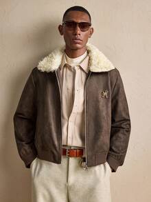 AKNOTIC Business Casual Men's Vintage Metal Decor Furry Collar Jacket, Autumn/Winter, Grunge, Christmas