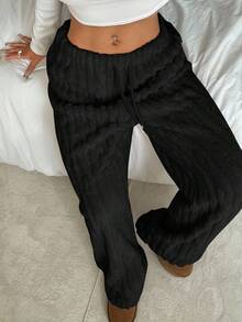 SHEIN EZwear Women's Black High Waist Drawstring Loose Wide Leg Casual Pants, Autumn/Winter,Black Pants - Black - View 3