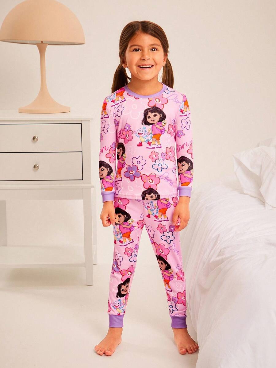 DORA | SHEIN 2pcs/Set Young Girl Cute Floral & Cartoon Figure Graphic Crew Neck Long Sleeve Top And Leggings Casual Pajama Set - Pink - View 1