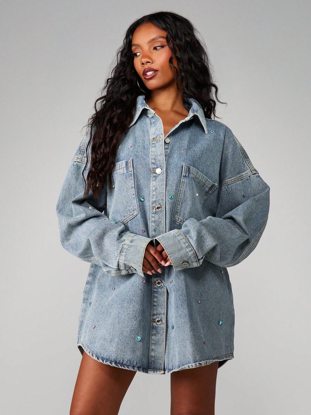 missguided oversized denim shirt dress MISSGUIDED Oversized Button Down Collared Mini Denim Shirt Dress Long Sleeve