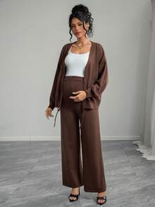Momance 女士宽松针织套装，纯色上衣，前系带设计，秋冬开衫毛衣外套，纯色毛衣和裤子，孕妇毛衣套装 - 棕色 - 查看 7