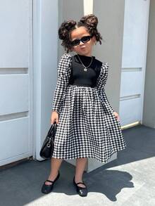 Firerie Kids Young Girls' Black Plaid Puff Sleeve Casual Pullover Dress, Fashionable And Versatile For Everyday Wear - Black - View 5