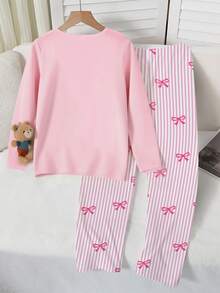 Set de 2 piezas de pijama casual y cómodo para niñas con top de cuello redondo de manga larga con decoración de moño y pantalones a rayas - Rosa coral - Ver 2
