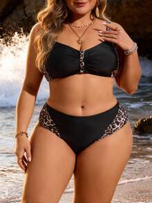 Swim Lushoire Plus Size Leopard Print Patchwork Tankini Swimsuit