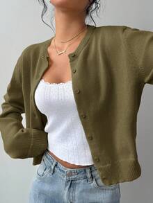 SHEIN BASICS Casual Solid Color Round Neck Long Sleeve Loose Cropped Women Sweater Cardigan Autumn Winter Clothes For Women - Army Green - View 6