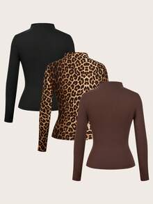 SHEIN LUNE 3 قطعة/مجموعة تيشيرتات أساسية للنساء بألوان أحادية وطبعة نمر، قمصان رقبة سلحفاة للخريف/الشتاء، كاجوال - متعدد الألوان - مشاهدة 12