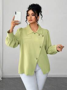 SHEIN Elenzya Große Größen einfarbige Business Lässig elegante Bluse, Herbst/Winter - Grün - Übersicht 4